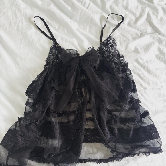 Victoria’s Secret Large Black Lace Baby Doll Lingerie Tank Open Back Bow - Picture 2 of 4